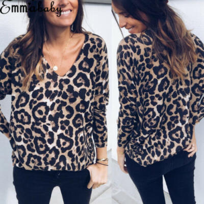 

US Womens Sexy Leopard Print Lace Long Sleeve Loose Blouses Tops T-Shirts -XL