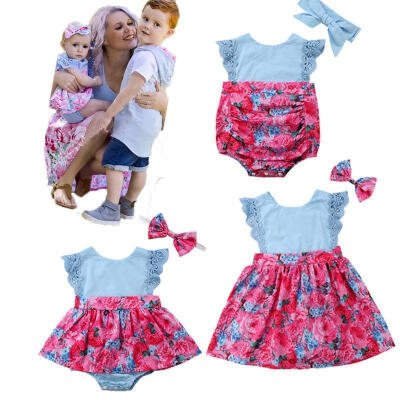 

Canis Sister Matching Kids Baby Girls Lace Floral Romper Dress Outfits 2PCS Set