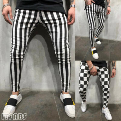 

Mens Summer Fashion Slim Comfortable Striped Plaid Black White Casual Pants US