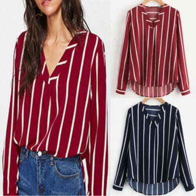 

Women Lady Chiffon Blouse Striped Long Sleeve V-Neck T Shirt Casual Loose Tops