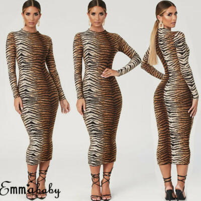 

Women Leopard Print Animal Maxi Long Sleeve High Slit O-Neck Dress Clothing New