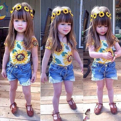 

Baby Girls Sunflower Tops T-shirtDenim Short Pants 2pcs Outfits Sets Suit 2-10Y