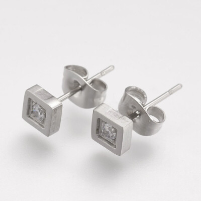 

304 Stainless Steel Ear Studs with Cubic Zirconia Square Stainless Steel Color 5x5x2mm pin 07mm