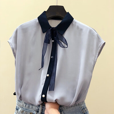 

Women Summer Temperament Solid Color T-shirt Ladies Vintage Short Sleeve Bow Casual Tops