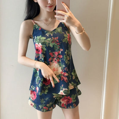 

2 Piece Paded Camis And Ruffles Hem Shorts Pajama Set Women 2018 Summer Printed V-Neck Sleeveless TopsShorts Pajama Set