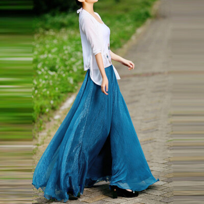 

Roseonmyhand Women Boho Maxi Solid Elastic Waist Long Skirt Evening Party Beach Dress