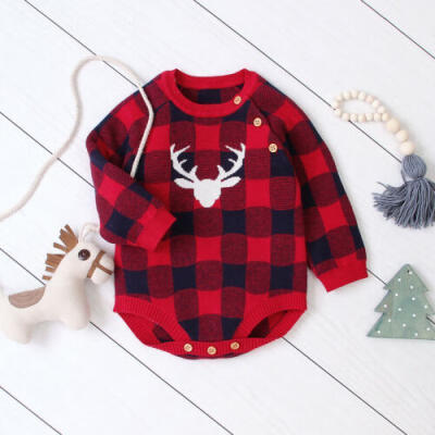 

Newborn Infant Romper Knitted Bodysuit Deer Plaid Jumpsuit Merry Christmas UK