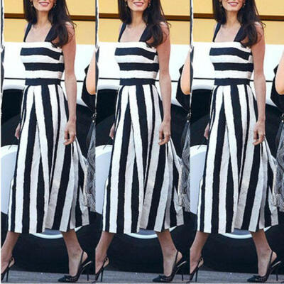 

UK BOHO Womens Ladies Summer Beach Midi Dress Holiday Strappy Stripe Sun Dresses