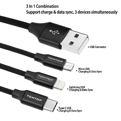 

TOMTOP 39FT Multi Charger Cable USB Charging Line Data Sync Wire 3 In 1 for LightningType CMicro USB Connector for iPhone iPad