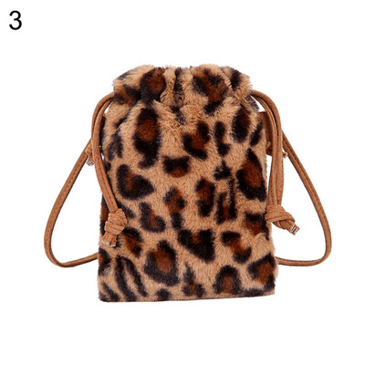 

Retro Leopard Print Plush Drawstring Women Shoulder Bag Mini Phone Purse Pouch