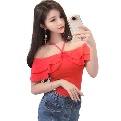 

Sexy Slash Neck Simple Strap T-shirt Women Summer T shirt Wide Straps Short Sleeve Ruffles Tops