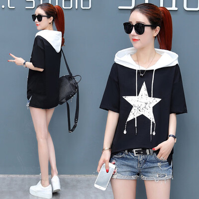 

Womens Hooded Star Print Short Sleeve Loose T-Shirt