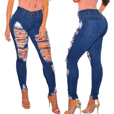 

〖Follure〗Fashion Women Plus Size Pocket Hole Jeans Denim Female High Waist Sexy Slim Pant