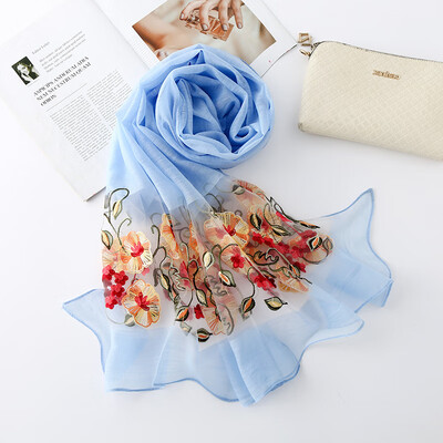 

New solid color simulation silk morning glory embroidered sunscreen scarf female fashion wild flower embroidery scarf female wholesale