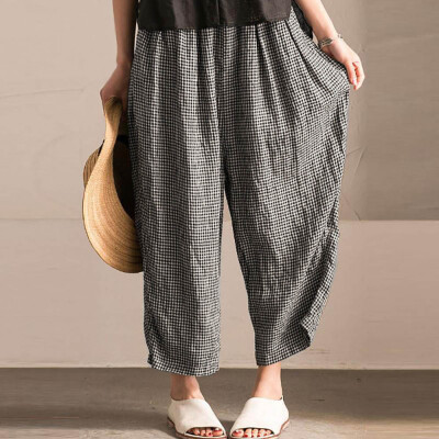 

Womens Plaid Cotton And Linen Basic Pocket Trousers