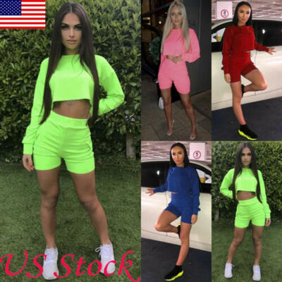 

Women 2 Piece Outfit Long Sleeve Crop Top Short Pants Set Casual Jumpsuit Romper