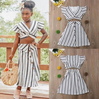 

2019 Brand New summer girl children&39s personality casual black&white striped suit size 1-5Y