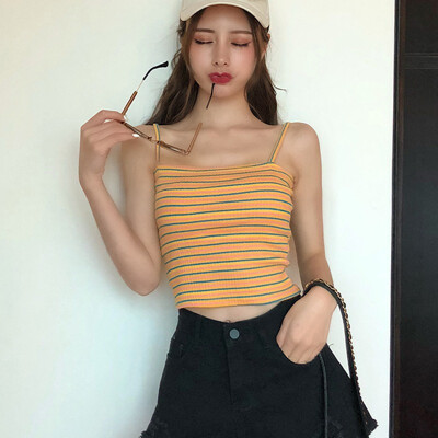 

Womens Summer Fashion Square Collar Striped Camisole Sleeveless Casual Crop Tops