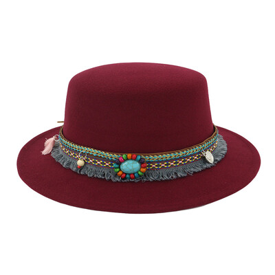 

Tailored Women Wide Brim Wool Belt Felt Flat Top Fedora Hat Party Church Trilby Hats Cap