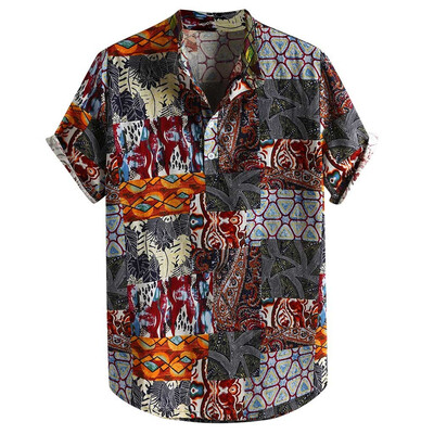 

Toponeto Mens Vintage Ethnic Printed Turn Down Collar Short Sleeve Loose Casual Shirts