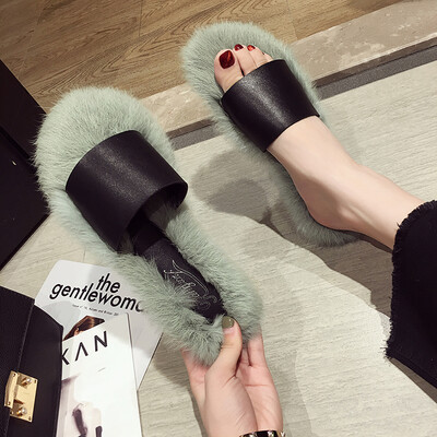 

Slippers female ins tide summer Korean version of Joker fashion dew toe rabbit hair drag students flat sandals