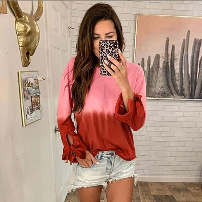 

Women Autumn Winter Blouse Rainbow Gradient Print O Neck Long Sleeve Lace Up Casual Loose Pullover Tee Basic Tops