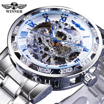 

WINNER Men Automatic Watch Fashion Diamond Display Luminous Hands Gear Movement Retro Mechanical Skeleton Watches Luxury Casual Bu