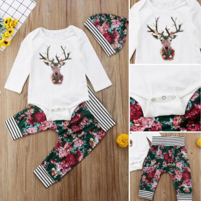 

USA Newborn Baby Boys Girls Xmas Deer Tops Romper Floral Pants Hat Outfits Set