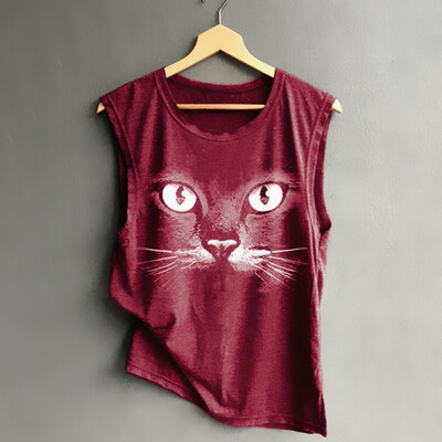 

Nomeni Fashion Womens O-Neck Cat Printing Sleeveless Vest Blouse Loose Shirt Tops
