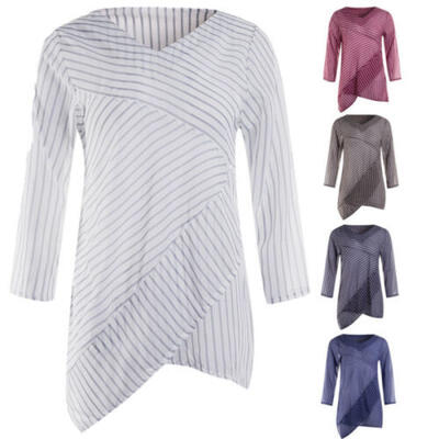 

Women Linen Striped V-Neck Blouses Lady Loose Baggy Tops Tunic T-Shirt Plus Size