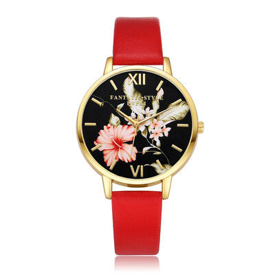 

Featured Womens Watches Scale Golden Border Dial Ladies Quartz Wristwatch Flower Pattern Leather Strap Clock Reloj Mujer
