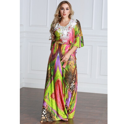 

Women Plus Size Muslim Dress Colorful Crochet Lace V Neck High Waist Tied Belt Long Gown Islamic Robe