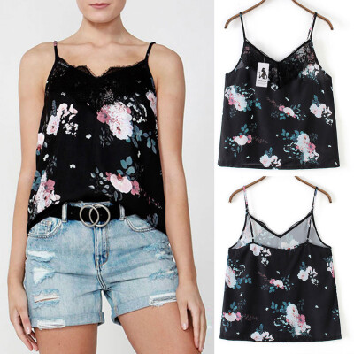 

Starmoon Fashion Women V-Neck Lace Floral Printed Sleeveless Camis Vest Tank Top Tee