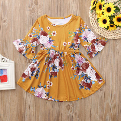 

Toddler Baby Girls Long Sleeves Flowers Prirnt Kids Clothing Princess Dress