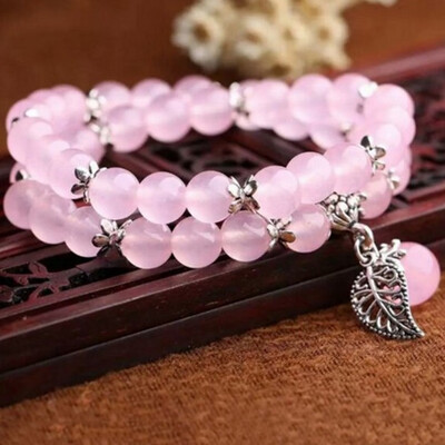 

Natural Chalcedony Multilayer Crystal Beaded Tibetan Silver Leaf Pendant Bracelet Women Fashion Exquisite Gift