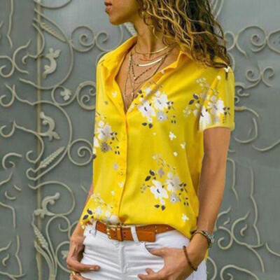 

Fashion Womens Flower Print Button Up V Neck Blouse Tops T Shirt Casual Shirts