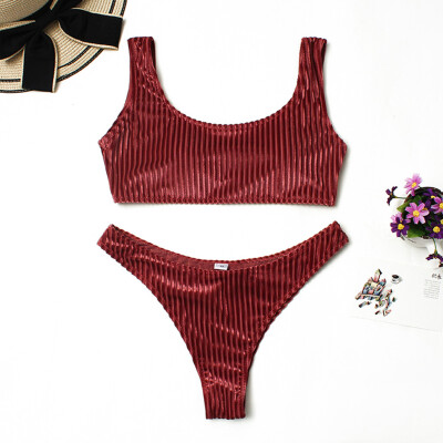 

Roseonmyhand Womens Fashion Stripe Solid Color Cute Split Swimsuit Beachwear Bikini