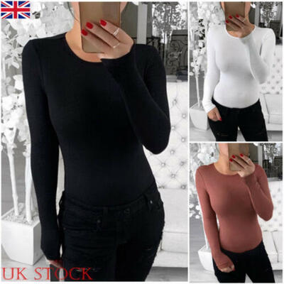 

Women Sexy Bodycon Romper Tops Jumpsuit Bodysuit Stretch Leotard Long Sleeve UK