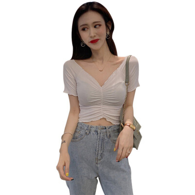 

Womens Ruched Fashion V Neck Solid Short Sleeve Knitted Sexy Slim Crop Top T-Shirt