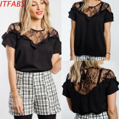 

Womens Hollowed-out Lace Stitched Blouse Short Sleeve Shirt T-shirt Summer Tops