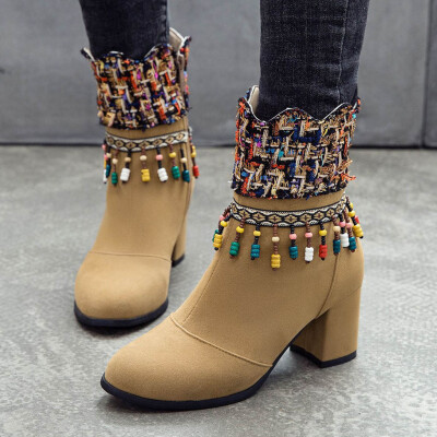 

Rose New Chunky Ankle Boots Zipper Boots National Sstyle High-Heeled Women Boots