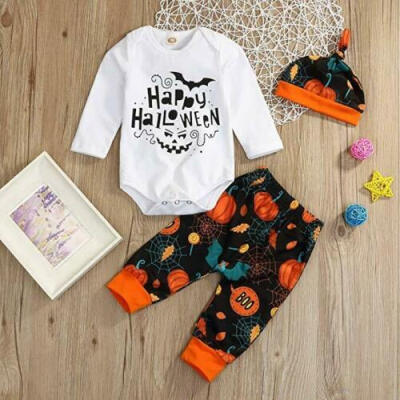 

Fashion Infant Baby Boy Girl Halloween Pumpkin Romper TopsPantsHat Outfit Set