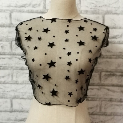 

Star Print Mesh Perspective Short Sleeve Womens Tops Fashion Sexy Leaking Navel Womens T-Shirts