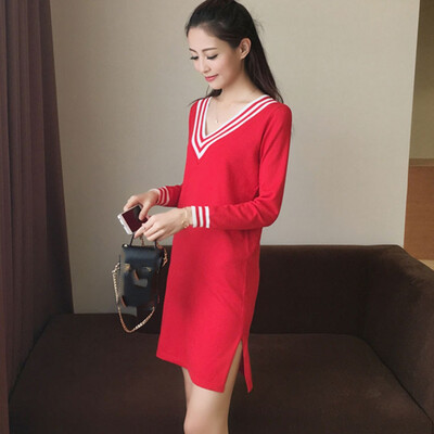 

Tailored Women Autumn Fashion Korean Stripe Knee Length Long Sleeve Leisure Dresses