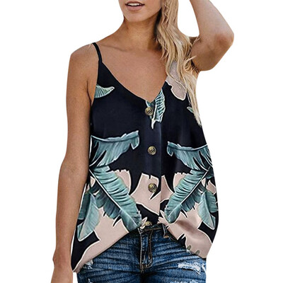 

Starmoon Womens Button Down V Neck Leaves Print Tank Top Loose Casual Sleeveless Shirts