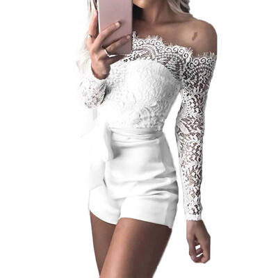 

Women Summer Personality All-match Solid Color Off Shoulder Lace Long Sleeve Lace-up Jumpsuits