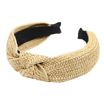 

Bohemian Straw Weaving Hairband Twist Knotted Women Headband Handmade Braided Beach Elastic Wide Cross Hair Hoop Summer