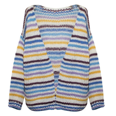

Toponeto Women Fashion Casual Stripe Long Sleeve Knit Sweater Loose Cardigans Coat