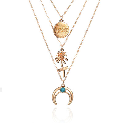 

HuaTang Boho Gold Chain Layered Necklace Geometric Peace Carving Coconut Tree Moon Pendant Necklaces Jewelry Accessories 6848