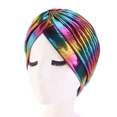 

Colorful New Women Laser Silky Ruffle Metallic Turban Hair Cover Accessories Wave Caps Bonnet Salon Hat Turban Headwrap